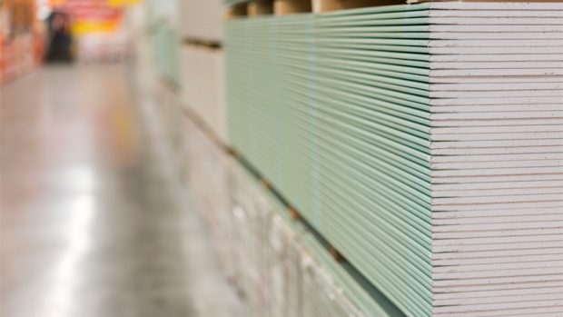 A stack of gypsum plasterboard.