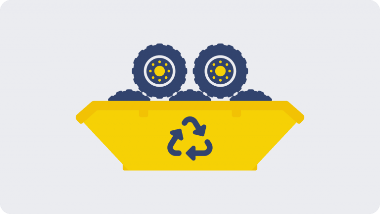 Graphic of a skip with tyres stacked up inside it